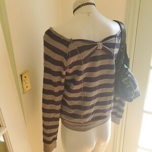 Open Shoulder Striped Sweater Top w Bow